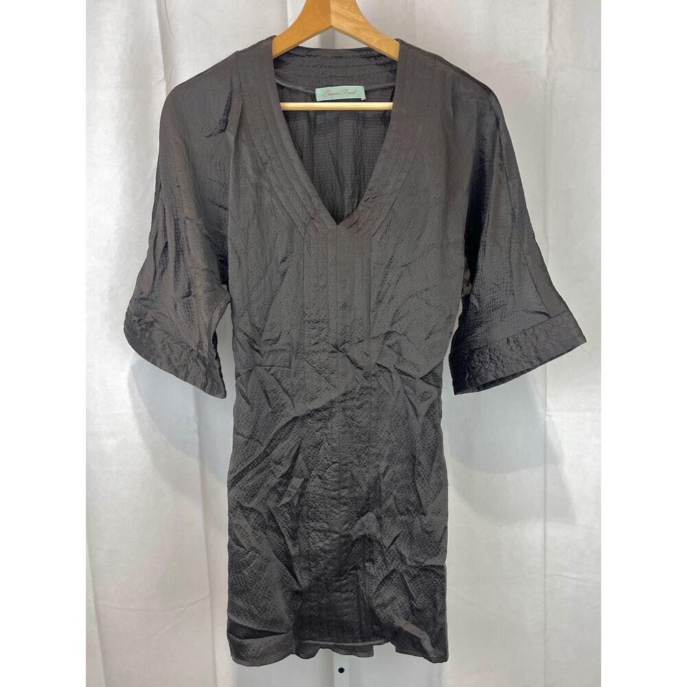 GEREN FORD Hammered Silk Mini Dress V Neck Kimono 3/4 Sleeve Pullover Gray XS